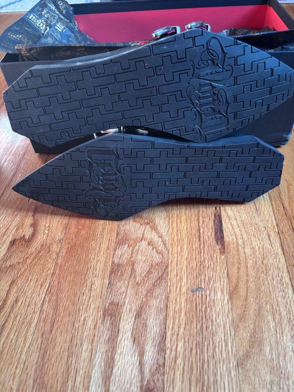 Black Pointed-Toe Loafers With Double Buckle & Red Interior Gothic Style Sz 9 by - Picture 4 of 8
